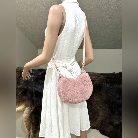 Dusty Rose Real Shearling Leather Half Moon Handbag with 2 Straps & Fur Charm - Picture 10 of 16